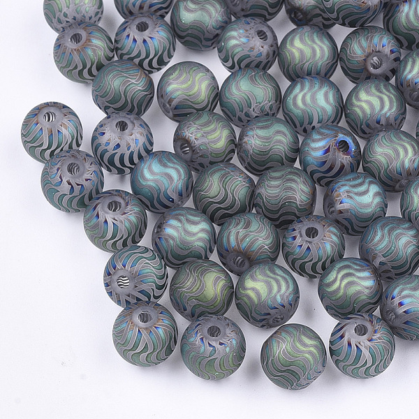 

PandaHall Electroplate Glass Beads, Frosted, Round with Wave Pattern, Cadet Blue, 8~8.5mm, Hole: 1.5mm Glass Round Blue