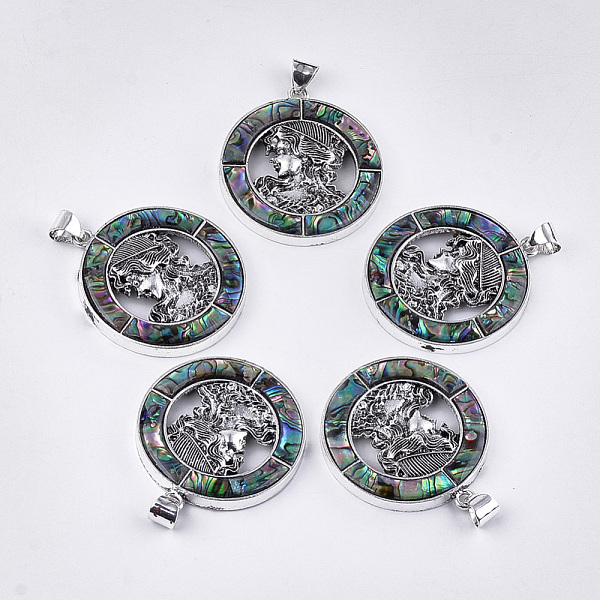 

PandaHall Abalone Shell/Paua Shell Pendants, with Resin Bottom and Alloy Findings, Flat Round with Woman, Antique Silver, 50x44.5x5mm, Hole...