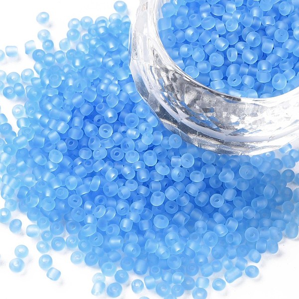 

PandaHall Glass Seed Beads, Frosted Colors, Round, Sky Blue, Size: about 2mm in diameter, hole:1mm, about 6666pcs/100g Glass