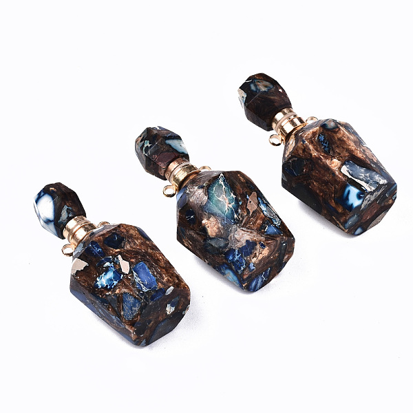 PandaHall Assembled Synthetic Bronzite and Imperial Jasper Openable Perfume Bottle Pendants, with Light Gold Brass Findings, Dyed, Rosy...