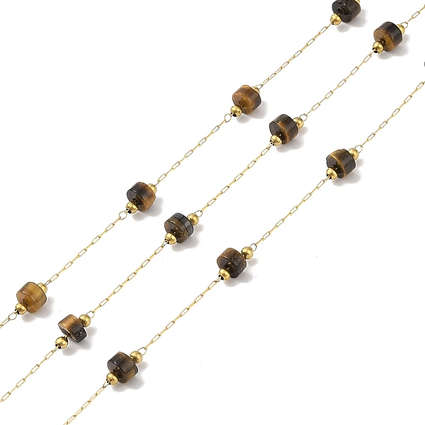 

PandaHall Ion Plating(IP) 304 Stainless Steel Link Chains, Natural Tiger Eye Beads & Spool, Soldered, Real 18K Gold Plated, 8x4mm, about...