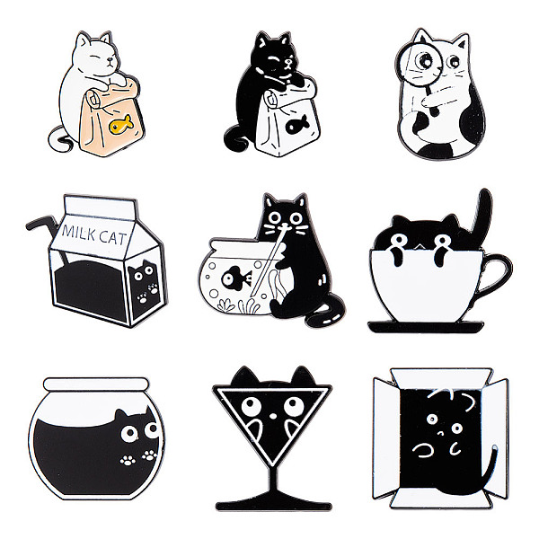 DICOSMETIC 9Pcs 9 Styles Cat Enamel Pins, Black Alloy Brooch for Clothes Backpack, Mixed Color, 25-30x17.5-30.5x1.4-1.5mm, 1pc/style