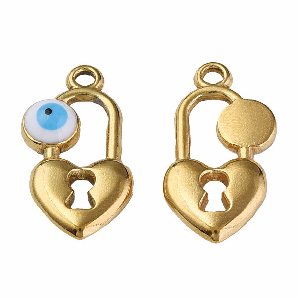 

PandaHall 304 Stainless Steel Enamel Pendants, Heart Padlock with Evil Eye, Golden, White, 20x11x3mm, Hole: 1.8mm Stainless Steel+Enamel...
