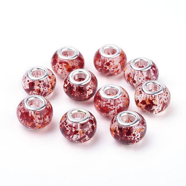 

PandaHall Spray Painted Glass European Beads, with Silver Brass Cores, Large Hole Beads, Rondelle, FireBrick, 14~15x9.5~11mm, Hole: 5mm..., Red