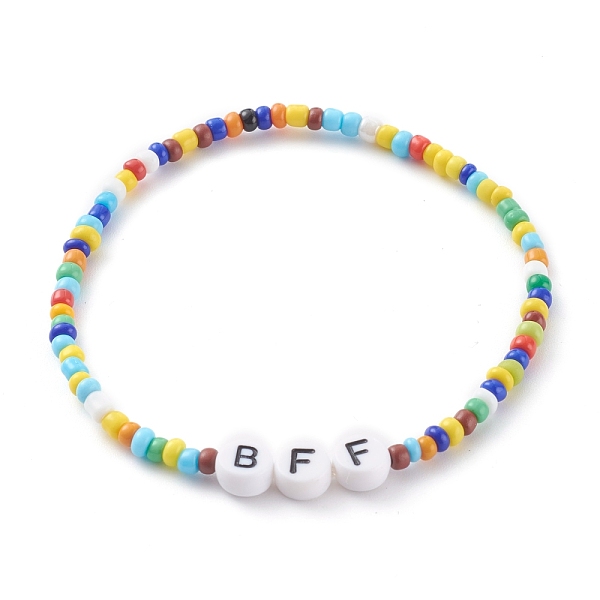 

PandaHall Glass Seed Beads Stretch Bracelets, with Acrylic Letter Beads, Word BFF, Colorful, Inner Diameter: 2-1/4 inch(5.7cm) Glass