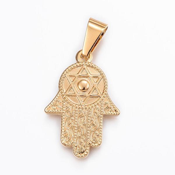 

PandaHall 304 Stainless Steel Pendants, Hamsa Hand/Hand of Fatima/Hand of Miriam with Hexagram, Golden, 28.5x19.5x2.5mm, Hole: 9x4.5mm 304...