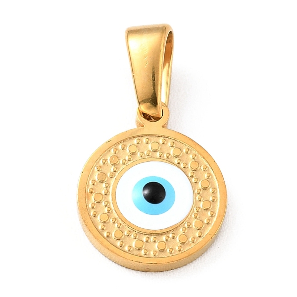 

PandaHall Vacuum Plating 304 Stainless Steel Charms with Enamel, Flat Round with Evil Eye, Golden, 12x10x2mm, Hole: 4.5x2.5mm Stainless..., White