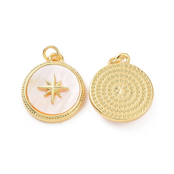 

PandaHall Brass Shell Pendants, with Jump Ring, Flat Round with Star Charms, Real 18K Gold Plated, 16.5x14.5x3.5mm, Jump Ring: 4x0.8mm..., White