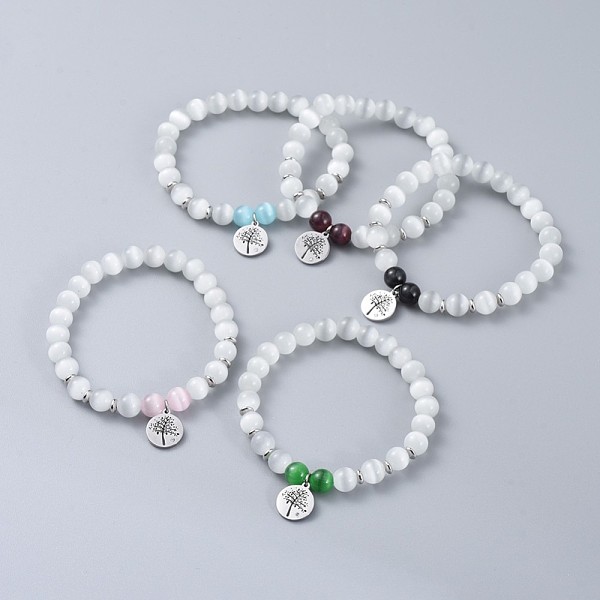 

PandaHall 316 Surgical Stainless Steel Cubic Zirconia Charm Bracelets, with Cat Eye Round Beads and Brass Flat Round Spacer Beads, Flat..., Multicolor