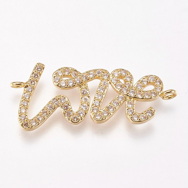 

PandaHall Brass Micro Pave Cubic Zirconia Links, Love, Clear, Golden, 27.5x11.5x2mm, Hole: 1mm Brass+Cubic Zirconia Word Clear