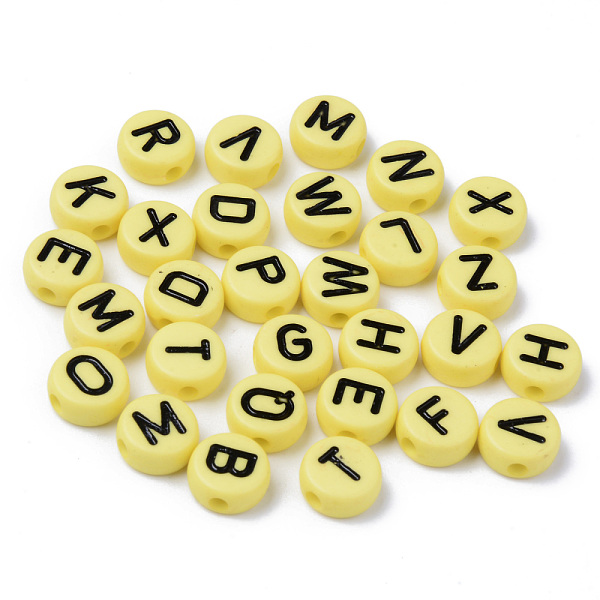 

PandaHall Opaque Acrylic Beads, Horizontal Hole, Flat Round with Black Random Letters, Yellow, 10x4.5mm, Hole: 2mm, about 1600pcs/500g...