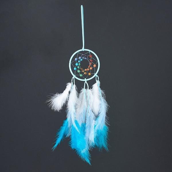 

PandaHall Synthetic & Natural Mixed Stone Pendant Decorations, with Cotton Thread, Woven Net/Web with Feather, Deep Sky Blue, 490mm Gemstone...