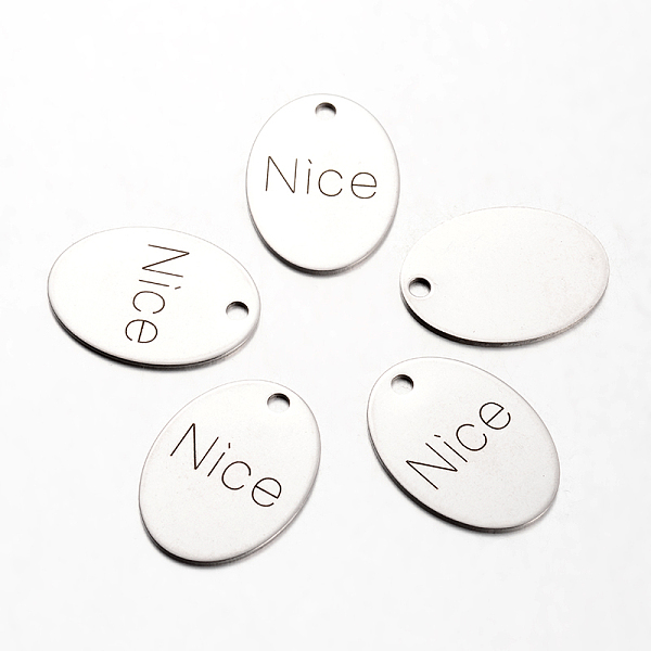 

PandaHall Spray Painted Stainless Steel Pendants, Oval with Word Nice, Stainless Steel Color, 30x22x1mm, Hole: 3mm Stainless Steel Oval