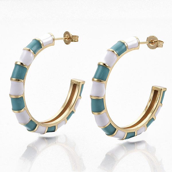 

PandaHall Brass Stud Earrings, Half Hoop Earrings, with Two Tone Enamel and Earring Backs, Real 18K Gold Plated, Bamboo Shape, Dark..., Cyan