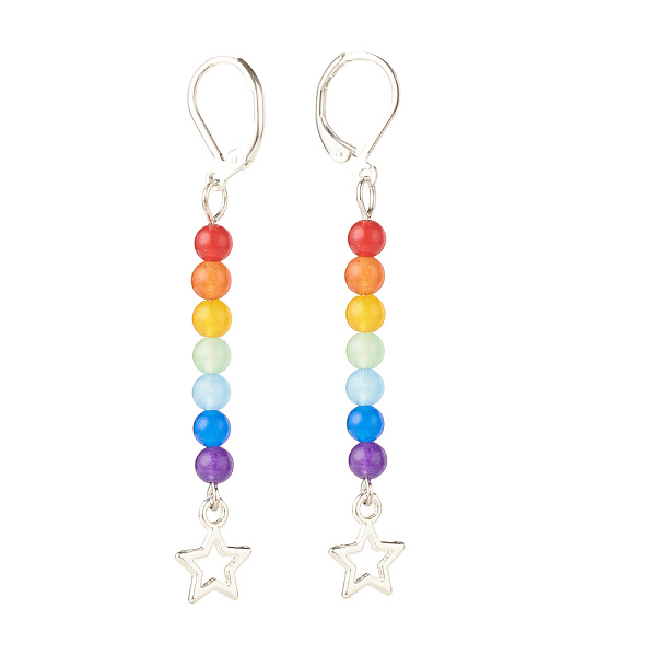 PandaHall Natural Malaysia Jade with Alloy Star Long Dangle Leverback Earrings, 7 Chakra Gemstone Jewelry for Women, Antique Silver, 60.5mm...