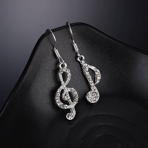 

PandaHall Musical Note Rhinestone Asymmetrical Earrings, Alloy Dangle Earrings, Platinum, 37~41x20mm Rhinestone Musical Note