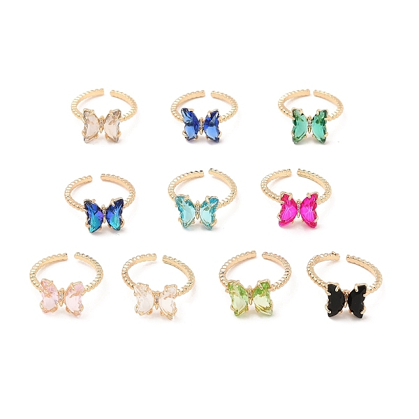 

PandaHall K9 Glass Butterfly Open Cuff Ring, Light Gold Brass Jewelry for Women, Mixed Color, US Size 5 1/2(16.1mm) Glass Multicolor