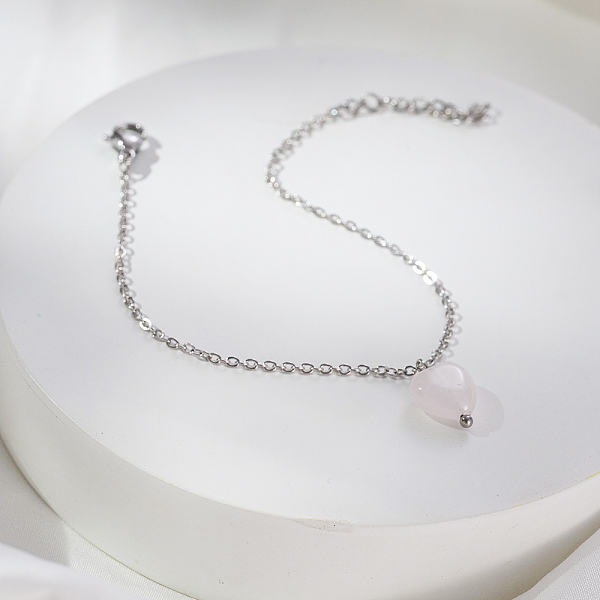 Simple Natural Rose Quartz Heart Charm Bracelets