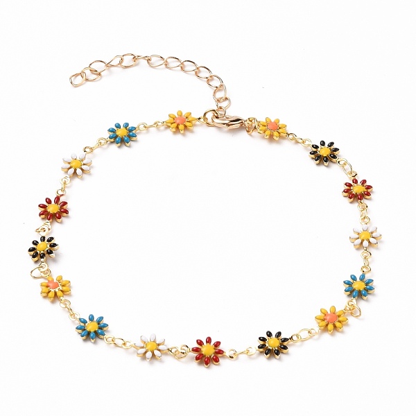 

PandaHall Golden Brass Flower Enamel Links Anklets, with Brass Curb Chains & Lobster Claw Clasps, Colorful, 9-1/2 inch(24.2cm) Brass