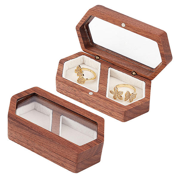 

PandaHall 2-Slot Wooden Couple Rings Storage Boxes, Clear Window Wedding Ring Case, with Magnetic Clasps and Velvet Inside, Hexagon, Linen..., Brown