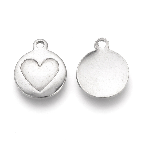

PandaHall 201 Stainless Steel Charms, Flat Round with Heart, Stainless Steel Color, 15x12x1.5mm, Hole: 1.5mm 201 Stainless Steel Flat Round