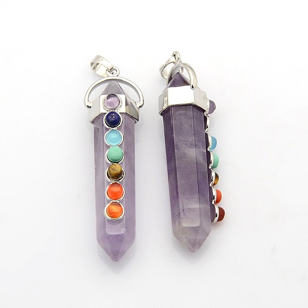 

PandaHall Yoga Chakra Jewelry Platinum Plated Brass Gemstone Double Terminated Pointed Big Pendants, Amethyst, 58x17x16mm, Hole: 7x6mm...