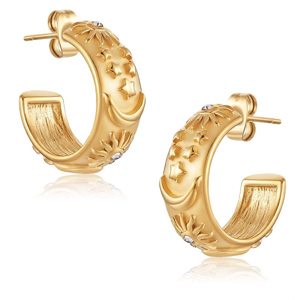 

PandaHall Clear Cubic Zirconia Sun Moon Star Stud Earrings, 430 Stainless Steel Half Hoop Earrings for Women, Golden, 21x8mm Cubic Zirconia...