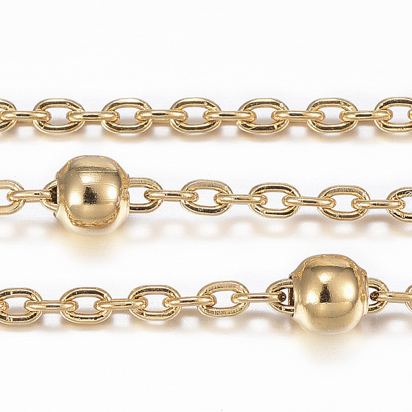 

PandaHall Ion Plating(IP) 304 Stainless Steel Cable Chains, Satellite Chains, with Steel Round Beads, Soldered, with Spool, Flat Oval...