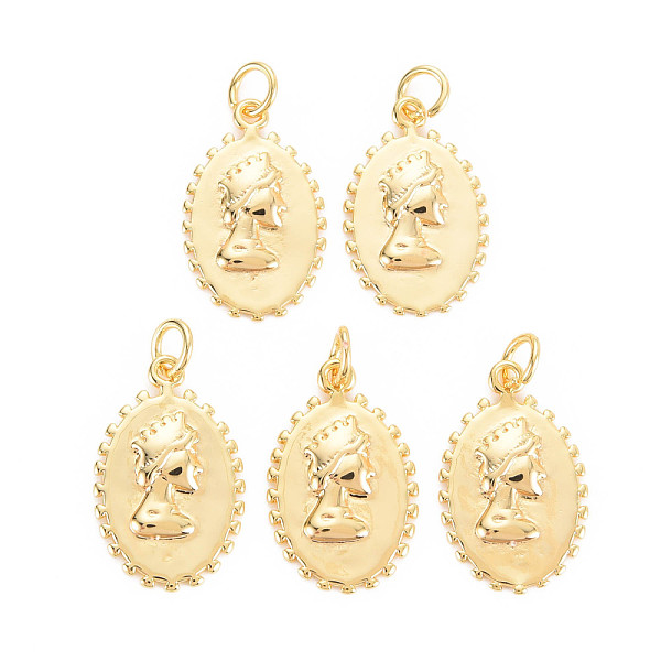 

PandaHall Rack Plating Brass Pendants, with Jump Rings, Nickel Free, Oval with Women Pattern, Real 18K Gold Plated, 20x12.5x2mm, Jump Ring...