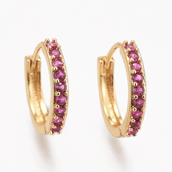 

PandaHall Brass Micro Pave Cubic Zirconia Huggie Hoop Earrings, Long-Lasting Plated, Ring, Camellia, Real 18K Gold Plated, 14x2mm, Pin: 1mm..., Pink