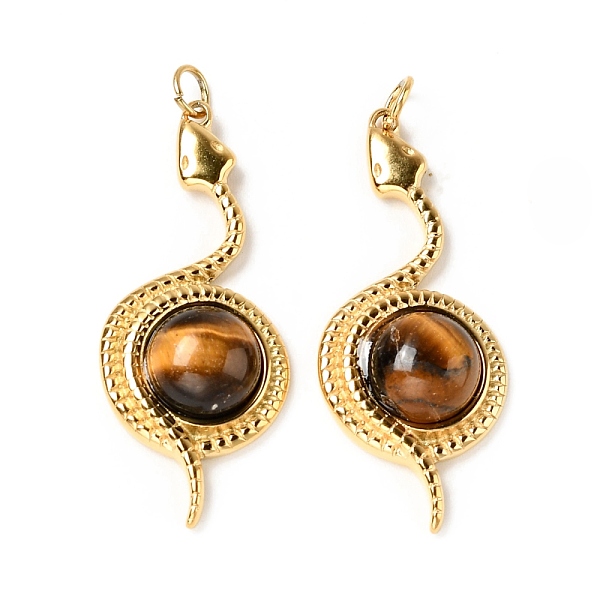 

PandaHall Natural Tiger Eye Pendants, with Ion Plating(IP) Golden Tone 304 Stainless Steel Findings, Snake with Half Round Charm...