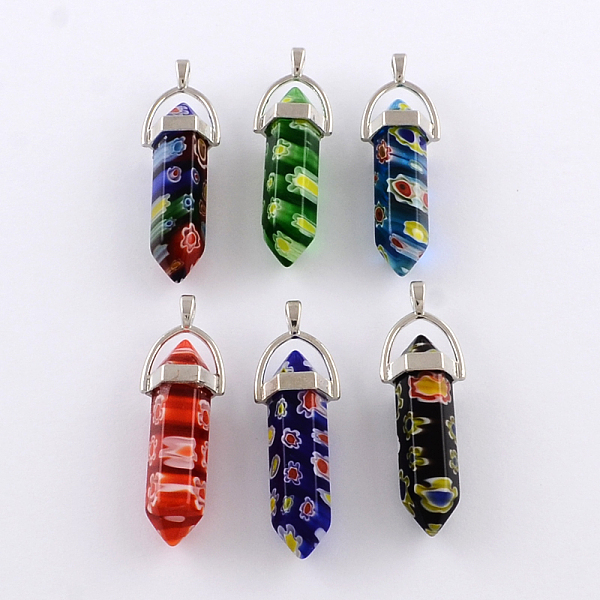 

PandaHall Millefiori Glass Pendants with Alloy Findings, Platinum, Mixed Color, 40~42x8x8mm, Hole: 2mm Millefiori Lampwork Others Multicolor
