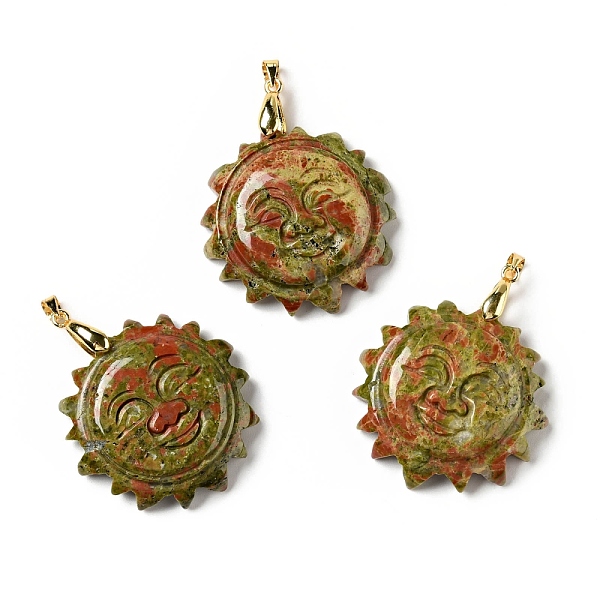 

PandaHall Natural Unakite Pendants, with Golden Tone Brass Findings, Lead Free & Cadmium Free, Sun with Smiling Face, 42x34~35x10.5mm, Hole...