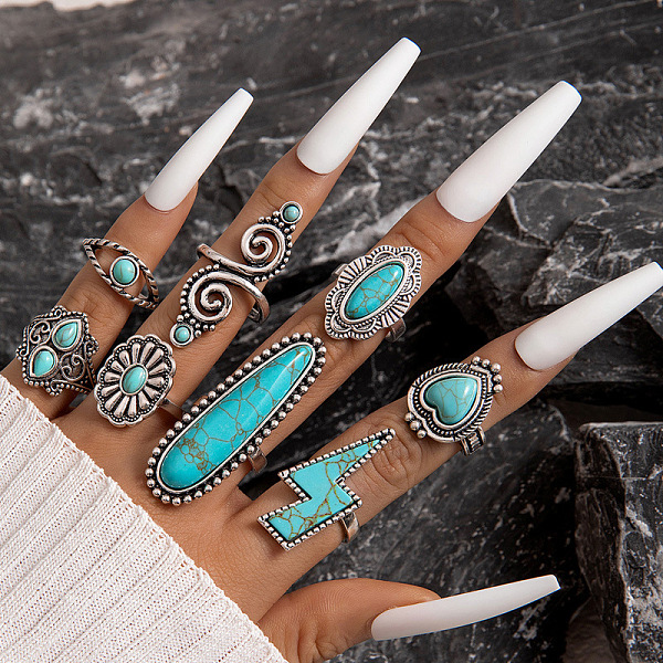 

PandaHall 8Pcs 8 Style Synthetic Turquoise Finger Ring Sets for Women, Alloy Stackable Rings, Inner Diameter: 15~18mm, 1Pc/style Synthetic...