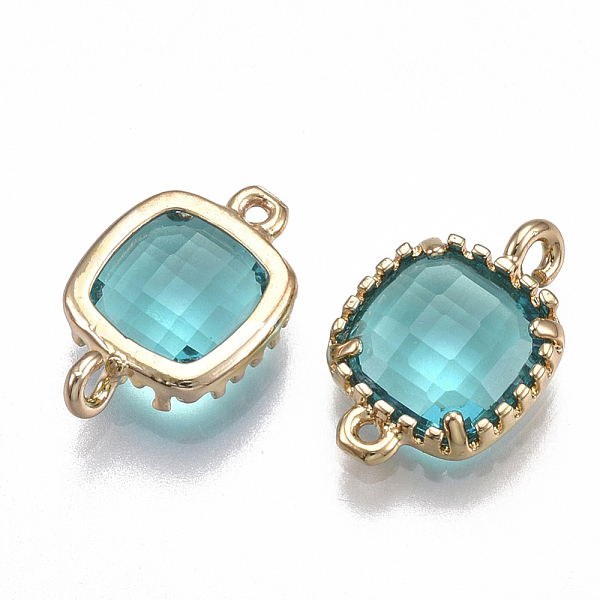

PandaHall Glass Links connectors, with Brass Findings, Faceted, Square, Golden, Dark Turquoise, 14.5x9.5x3.5mm, Hole: 0.8~1.2mm Glass Square..., Cyan