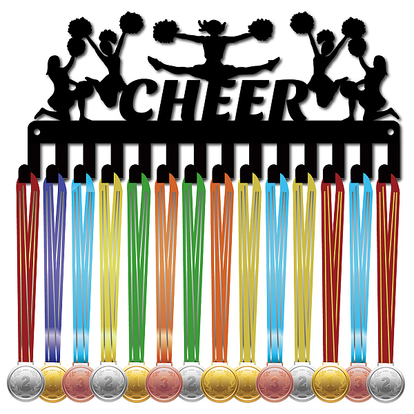 

PandaHall Iron Medal Holder Frame, 14 Hooks Medals Display Hanger Rack, with Screws, Black, Cheerleaders, Human, 130x290mm Iron Human Black
