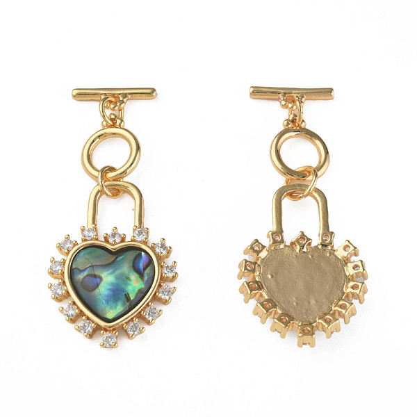 

PandaHall Brass Micro Pave Clear Cubic Zirconia Toggle Clasps, with Synthetic Abalone Shell/Paua Shell, Nickel Free, Heart, Real 18K Gold...