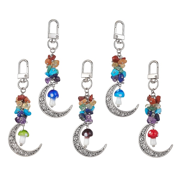 

PandaHall Moon Alloy Pendant Decoraiton, with Gemstone Chip Beads and Mushroom Handmade Lampwork Beads, Alloy Swivel Clasps, Chakra, Mixed..., Multicolor