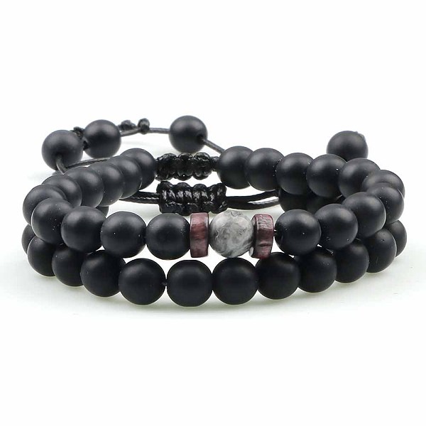 Conjuntos De Pulseras De Cuentas Trenzadas De Piedra De Mapa Y Obsidiana Natural Redonda Esmerilada De Estilo étnico Para Mujeres Y Hombres