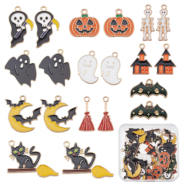 

PandaHall SUNNYCLUE 1 Box 40Pcs 10 Style Enamel Halloween Charms Ghost Charms Bat Charms for Jewelry Making Cat Broomstick Skeleton Charms..., Multicolor