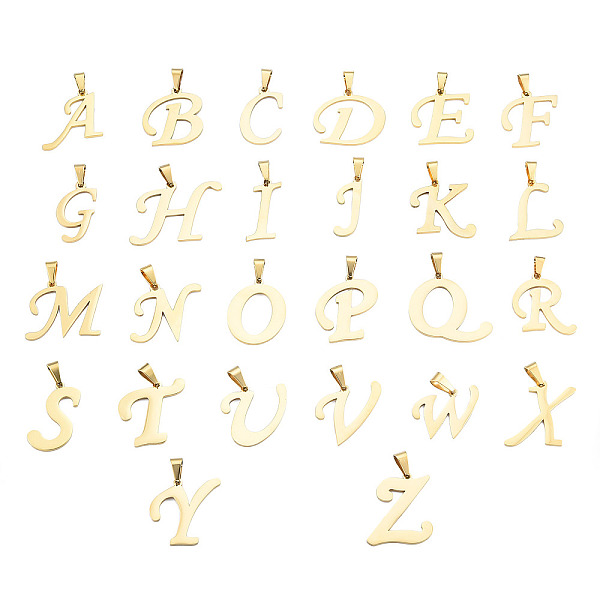 

PandaHall Ion Plating(IP) 201 Stainless Steel Pendants, Letter A~Z, Real 18K Gold Plated, 23.5~31x17~34x1.5mm, Hole: 5x9mm, 26pcs/set 201...