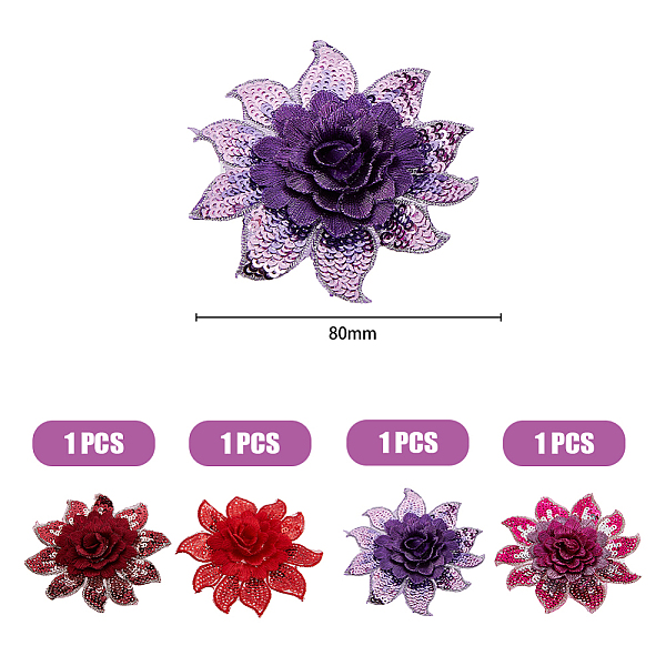 

PandaHall 4Pcs 4 Colors 3D Flower Pattern Polyester Fabrics Computerized Embroidery Cloth Sew on Appliques, Sequin/Paillette Appliques..., Multicolor
