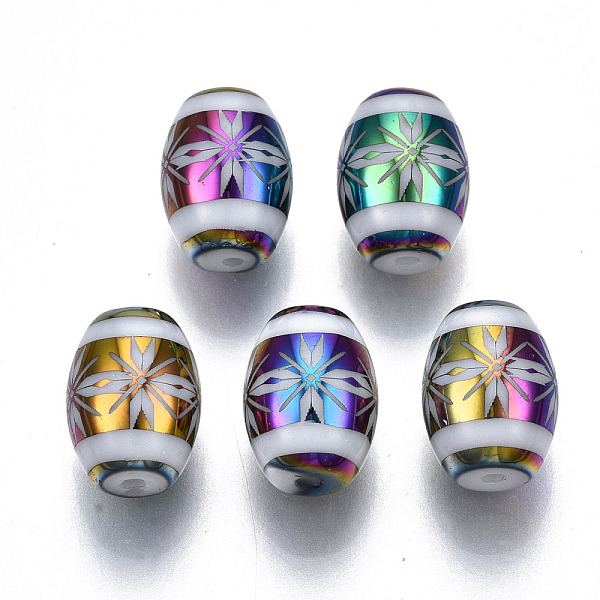 

PandaHall Electroplate Glass Beads, Barrel with Flower Pattern, Colorful, 11x8mm, Hole: 1.2mm, about 200pcs/bag Glass Flower