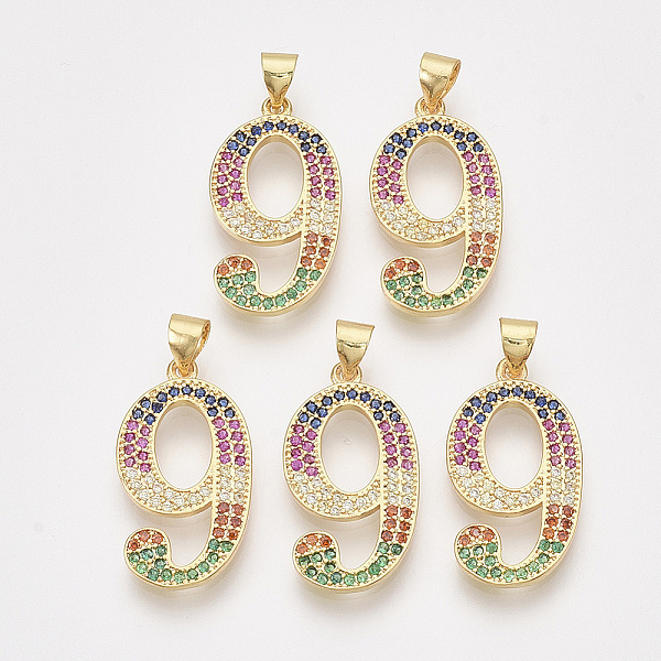 

PandaHall Brass Cubic Zirconia Pendants, Real 14K Gold Plated, Colorful, Number, Num.9, 23x13x1.5mm, Hole: 4x3mm Brass+Cubic Zirconia Number