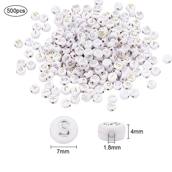 

PandaHall 500Pcs Plating Acrylic Beads, for Name Bracelets & Jewelry Making, Metal Enlaced, Horizontal Hole, Alphabet Style, Flat Round with..., White