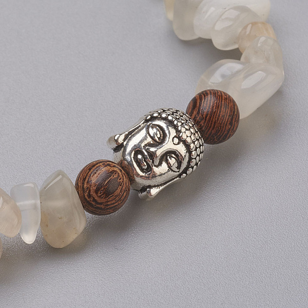 

PandaHall Natural White Moonstone and Wood Beads Stretch Bracelets, with Alloy Findings, Buddha Head and Chip, 1-7/8 inch(4.8cm) White...