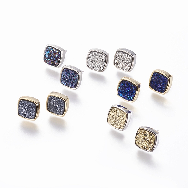 

PandaHall Brass Stud Earrings, with Druzy Resin Cabochon, with Ear Nuts, Square, Mixed Color, 15x15x4~6mm, Pin: 0.8mm, Side Length: 12.5mm..., Multicolor
