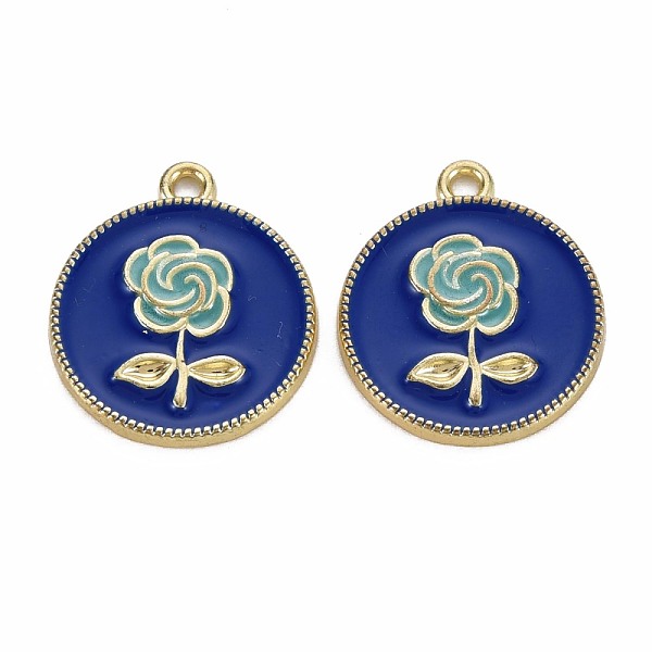 

PandaHall Rack Plating Alloy Pendants, with Enamel, Cadmium Free & Lead Free, Flat Round with Rose, Light Gold, Blue, 20.5x18x2mm, Hole...
