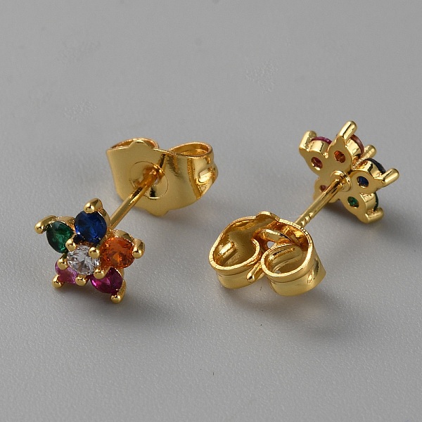 

PandaHall Brass with Colorful Cubic Zirconia Stud Earrings, Flower, Golden, 7x7.5mm Cubic Zirconia Flower