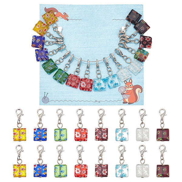 

PandaHall 16Pcs Square Handmade Millefiori Glass Pendant Locking Stitch Markers, Zinc Alloy Crochet Lobster Clasp Charms, Mixed Color, 3.1cm..., Multicolor